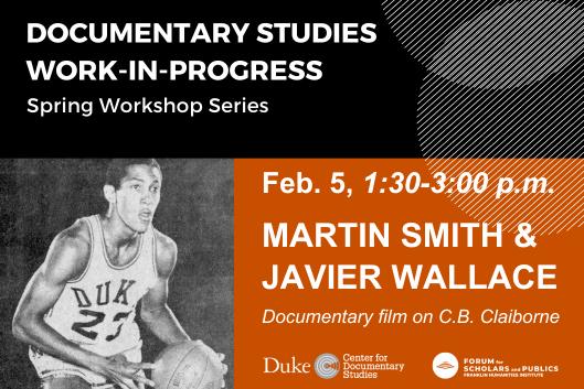 black and white image of a young Black man wearing a Duke basketball jersey with a basketball accompanied by event details included in text elsewhere on this page.